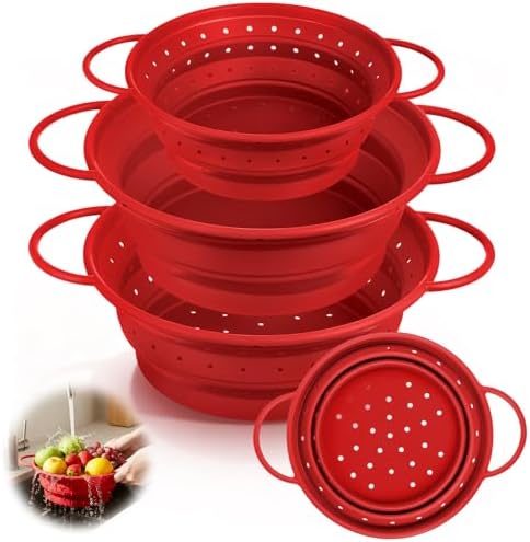 3 Pack Collapsible Colander with Strainer Bowl Set,Red