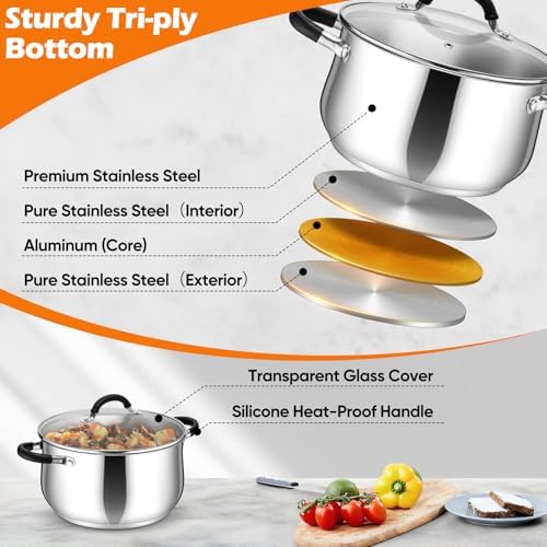 P&P CHEF 8 Quart Stainless Steel Stock Pot, Cooking Pot with Visible Lid