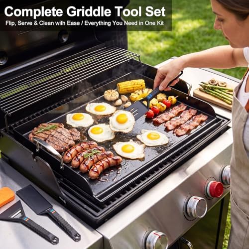 Cast Iron Griddle for Gas Grill with 5-Piece Silicone Griddle Tool Kit 25" x 16" Nano-Ceramic Nonstick Grill Griddle for Gas Charcoal Grills Flat Top Grill Accessories with Stainless Steel Core Tools