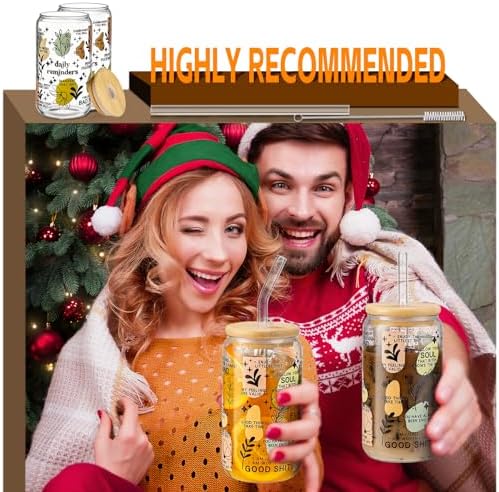 DWTS DANWEITESI Glass Cups with Lids and Straws with Design 4 pcs（Daily Reminder）,Clear Glass Cups 16 oz-Glass Tumbler,Cute Design Glass Iced Coffee Cups Mental Health Positive 480ml