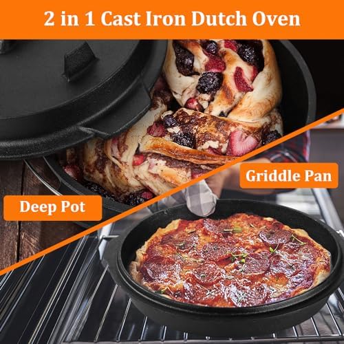 Leonyo 7QT Pre-Seasoned Dutch Oven Camping with Lid Lifter, 2-in-1 Pots