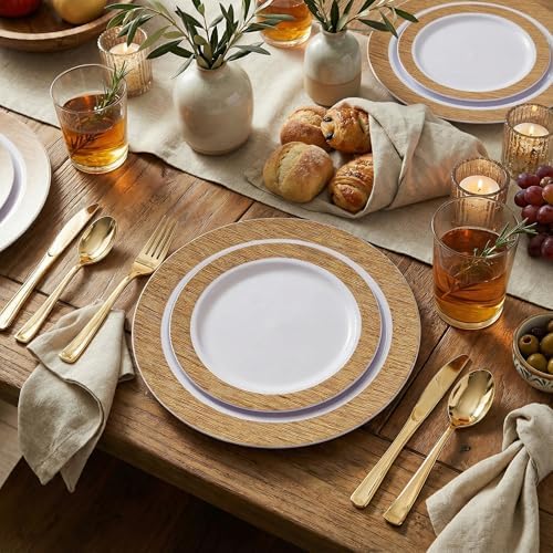 I00000 102 Pcs Wood Grain Brown Plastic Plates, Premium Disposable Plates