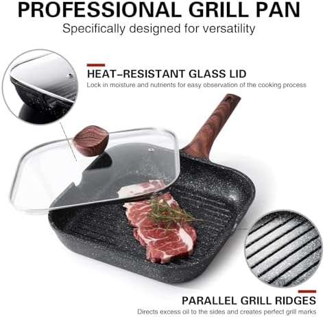 Kordisen Nonstick Grilling Pan with Lid for Stove Tops, 9.5 Inch Square Grill Pan for Indoor Cooking, Granite Coating Grill Skillet with Pour Spouts, Versatile Griddle, Induction Steak Pan, PFOA Free