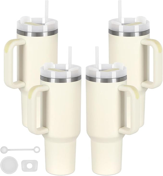4 Pack 40 Oz Tumbler with Handle Bulk, Double Wall Vacuum Insulated Stainless Steel Tumbler with Lid and Straw, 40 oz cup with Silicone Spill Proof Stopper Set (Cream)