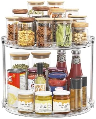 LAMU 12in 2 Tier Lazy Susan Organizer Large Lazy Susan Turntable Rotating Spice Rack Organization for Cabinet, Kitchen, Pantry, Countertop, Bathroom, Vanity, Medicine Cabinet Organizer, Clear