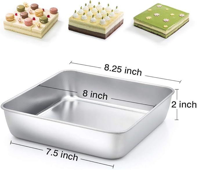 TeamFar 8 x 8 Inch Square Cake Pan, Square Baking Brownie Pan Stainless Steel for Wedding Christmas Party, Healthy & Non Toxic, Sturdy & Brushed Surface, Dishwasher Safe(2 PCS)