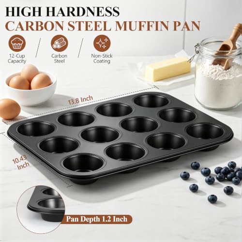 E-far 12-Cup Muffin Pan Tin, Nonstick Carbon Steel Cupcake Pan Tray