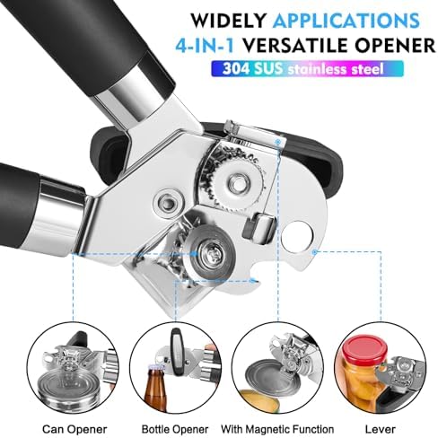Can Opener Manual Heavy Duty Multifunctional with Magnet Lift [Ergonomic Curved Handle Grip] Stainless Steel, Arthritis-Friendly, Kitchen Tool for Seniors, Kitchen Essentials, Camping, Bottle Opener