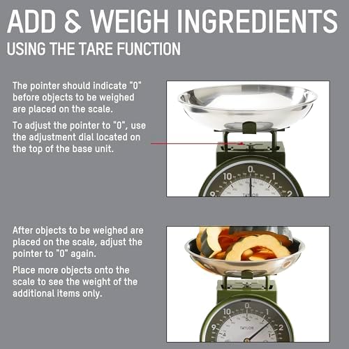 Taylor Analog Kitchen Scale, Stainless Steel Mechanical Food Scale with Removable Bowl, 11 lb Capacity, Large 5-Inch Dial, Battery-Free Design for Baking and Meal Prep, Small (Pack of 2)