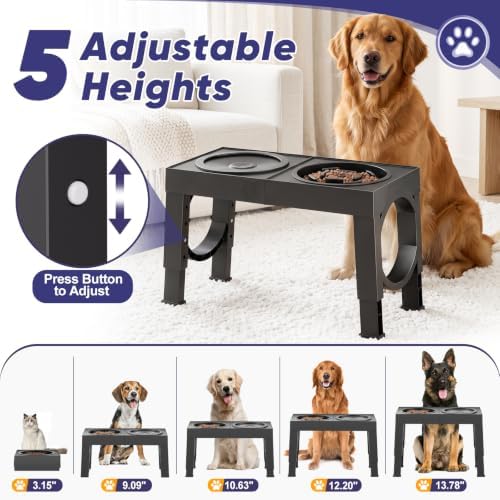 XIAZ Elevated Dog Bowls Large Breed Raised Dogs Bowl Stand Large/Medium Sized Dog Slow Feeder Dogs Bowls Food Water Stands 5 Heights Adjustable 9/11/12/14in Pet Feeder Dish Station