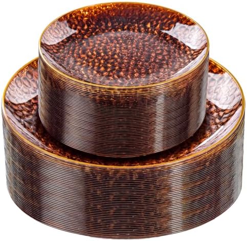Rubtlamp 60Pcs Amber Plastic Plates - Brown Disposable Plates With Gold Rim, Clear Heavy-duty Party Plates, Hammered Plates Include 30 Dessert Platos, 30 Dinner Platos for Party