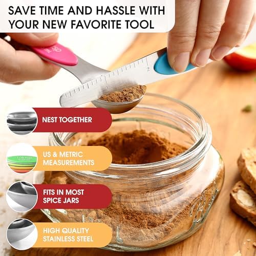 Spring Chef Stainless Steel Magnetic Measuring Spoons Set of 8, Neon