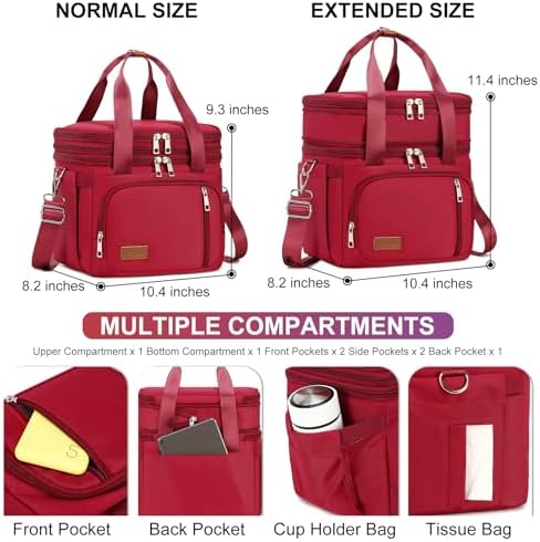 MAPLELILY Lunch Box for Men Women - Double Deck Insulated Lunch Bag, Large Leak Proof Tote Cooler, Wide Open Dual Compartment Lunch Bags with Shoulder Strap, For Work Picnic Hiking Beach, Red