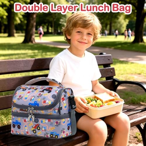 FlowFly Double Decker Cooler Insulated Lunch Bag Large Tote for Boys, Girls, Men, Women, With Adjustable Strap (Truck)