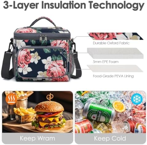 FlowFly Insulated Reusable Lunch Bag Adult Large Lunch Box for Women and Men with Adjustable Shoulder Strap,Front Zipper Pocket and Dual Large Mesh Side Pockets,Peony