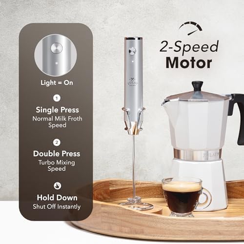 Zulay Kitchen Rechargeable Milk Frother Handheld - Frother Wand, Drink Mixer, Electric Whisk Frother, for Cappuccinos, Matcha & Protein Powder - Lux 4 Whisk 2 Speed Waterproof 2000mAh Silver
