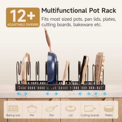MUDEELA Pot Lid Organizer for Cabinet, Expandable Baking Pan Rack 12 Slots