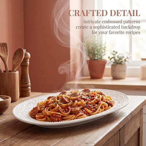 Oval Serving Platter, 14"/12"/10" Ceramic Serving Platters, Embossed White Serving Plates, Stackable Porcelain Tray for Appetizer, Dessert, Pasta, Sushi, Oven Dishwasher Safe, Set of 3, Family Dining