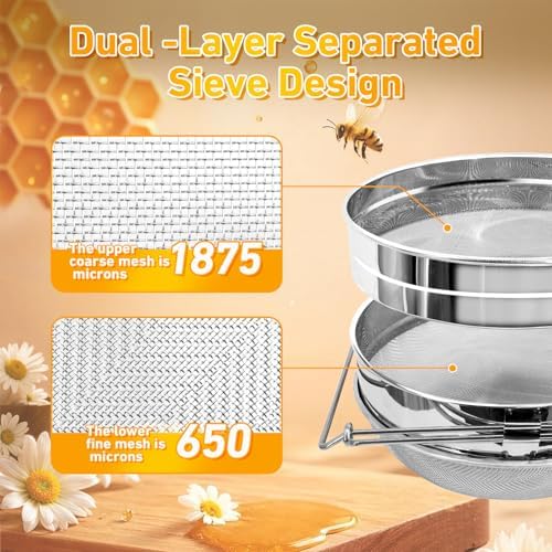 BeeCastle Double Sieve Honey Strainer, Stainless Steel Honey Strainer Honey Filter Honey Extractor Equipment for 5 Gallon Bucket, Honey Harvesting Tool for Beekeeping