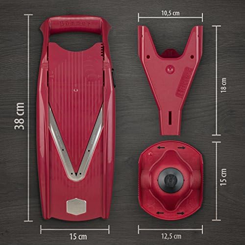 Swissmar Börner VPower V-Slicer Mandoline – Professional Kitchen Tool with Adjustable Thickness – Precision Food Slicer for Vegetables, Julienne & Shredding – Includes Safety Holder & Inserts - Red