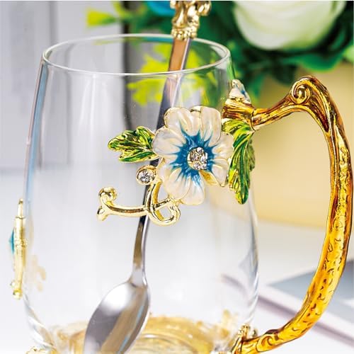 Flower Tea Cup,Butterfly Daisy Glass Fancy Coffee Mug with Spoon,Gift Box for Her Mom Wife Grandma Girls Friends Valentines Christmas Birthday Present Idea for Juice,Hot/Cold Drinks Use