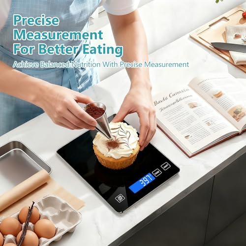Food Kitchen Scale, Digital Food Scale 33lb/15kg Digital Kitchen Scale Precisely Measures Grams and Ounces for Meal Prep Baking and Cooking, Rechargeable 304 Stainless Steel Kitchen Scale Black
