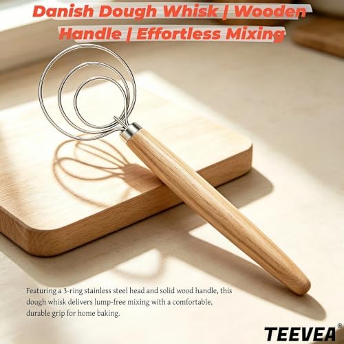 TEEVEA Danish Dough Whisk Wooden Handle Stainless Steel for Sourdough Bread