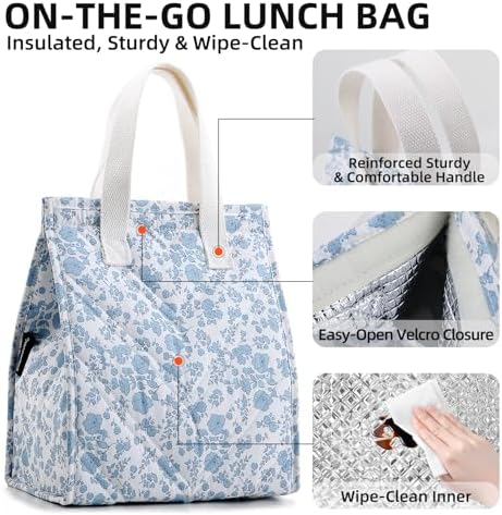 TELLUMO Quilted Floral Lunch Bag for Women, Cute Insulated Blue & White Small Lunch Box, Reusable Leakproof Tote for Work Office