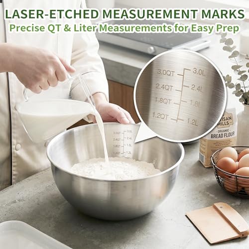304 Stainless Steel Mixing Bowls Set of 5, 1.1/1.6/1.9/2.5/3.5 QT Food Grade Metal Bowls with Measurement Marks, Dishwasher Safe & Stackable Nesting for Baking, Salads, Meal Prep, RV & Camping