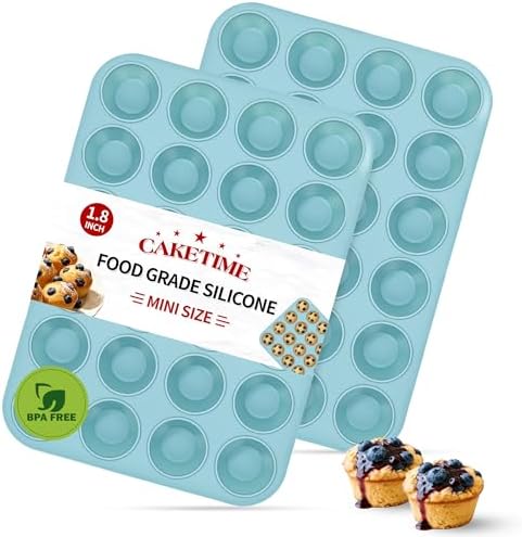 CAKETIME Silicone Mini Muffin Pan, 2 Pack 24 Cups Nonstick Mini Cupcake Pan for Baking Muffin, Cupcake, Egg Bites, Fat Bomb
