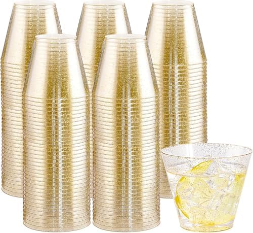 I00000 200 Pcs Gold Plastic Cups, 9 oz Disposable Gold Glitter Cups