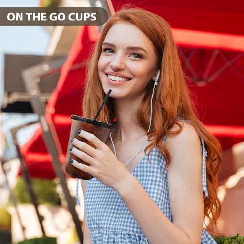 tchrules 25 Set 16oz Black Plastic Disposable Cups with Lids and Straws