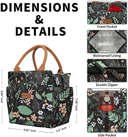 Joymee Lunch Bag - Green Leaf, Women's Insulated Reusable Durable Leakproof Large Spacious Cooler Tote for Office, Picnic, Camping
