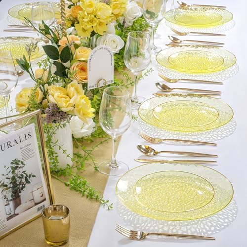 Rubtlamp 60Pcs Yellow Gold Plastic Plates, Yellow Disposable Plates With Gold Rim, Clear Heavy-duty Party Supplies, Hammered Plastic Plates Include 30 Dessert Platos, 30 Dinner Platos for Party