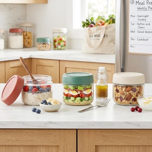 3Pack Overnight Oats Containers with Lids,10oz Glass Jar with Scew Lid,Salad Dressing Fruit Veggies Sauce Snacks Meal Prep Food Containers,Spice Jars,Wide Mouth Storage Containers