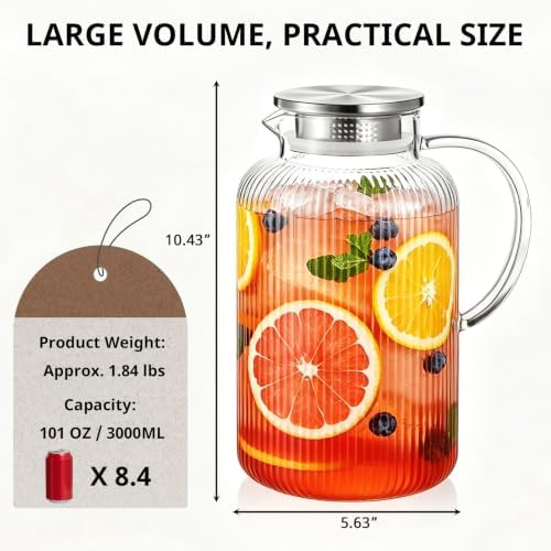 Bivvclaz 3 Liter 101 oz Stripes Glass Pitcher with Lid and Handle