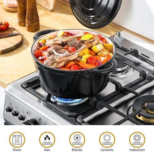 Velaze 7.5 QT Enameled Cast Iron Dutch Oven Pot with Lid,Black