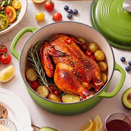 NEWBULIG Cast Iron Dutch Oven, 6 Quart Enamel Dutch Oven Pot with Lid, Heavy Duty Cookware for Sourdough Bread, Braising, Stews, Roasting, Safe up to 500°F, Green