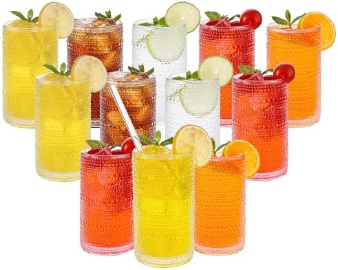 Vintage Hobnail Drinking Glasses Set of 12, 16 oz Large Capacity Embossed Clear Tumblers, Highball Glasses for Water, Cocktail, Beer, Whiskey, Kitchen & Bar Use