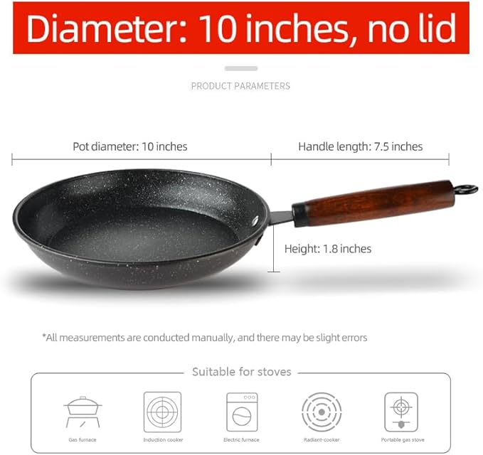 Non-stick frying pan, granite-coated skillet, lightweight egg pan, chef's frying pan,Fried eggs don't stick to the pan， wooden handle (10 inches)