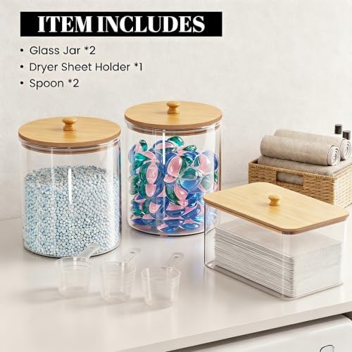 HomePekite Glass Laundry Pods Storage Container & Acrylic Dryer Sheet Holder, Laundry Room Organization and Storage, Detergent Powder Container, with Wooden Lids & Labels, 2+1 Pack