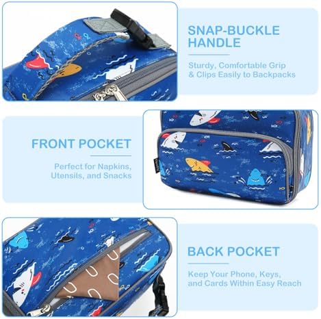 FlowFly Kids Lunch box Insulated Soft Bag Mini Cooler Back to School Thermal Meal Tote Kit for Girls, Boys, Colorful-Shark