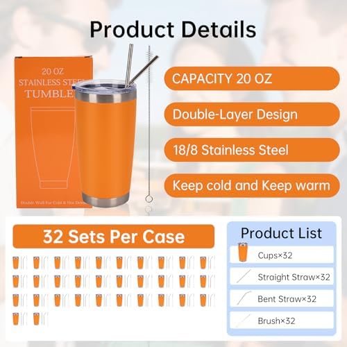 IEOVIEE 32 Pack 20oz Stainless Steel Insulated Bulk Tumblers with Lid&Straw