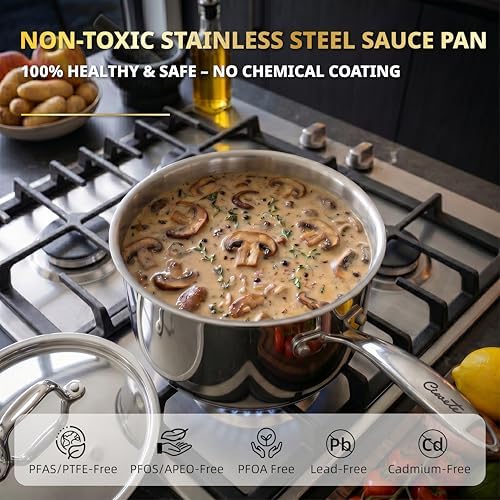 Ciwete 2 Quart Sauce Pan with Lid, Tri Ply Stainless Steel Saucepan 2 Qt with Stainless Steel Lid, 2 Measuring Lines, Upgraded Packaging, Cool Ergonomic Handle, Dishwasher & Oven Safe