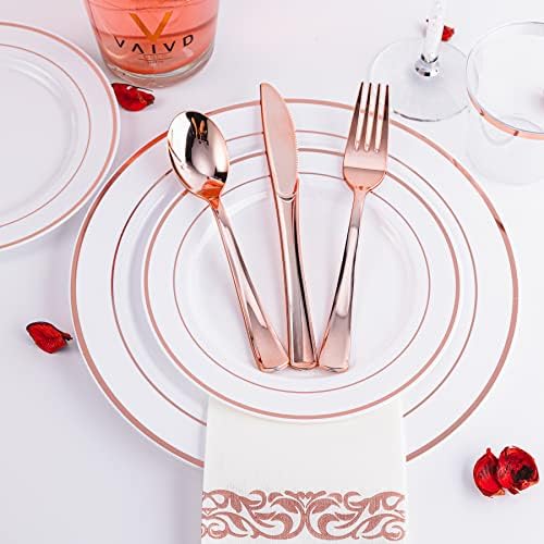 N9R 300PCS Rose Gold Plastic Silverware, Disposable Cutlery & Utensils