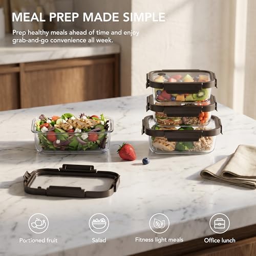 GENICOOK Glass Meal Prep Containers with Glass Lids, 4 Pack Airtight Glass Food Storage Containers, Borosilicate Glass Lunch Containers for Healthy Meal Prep, Microwave Oven Dishwasher Safe, BPA Free