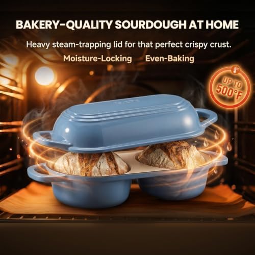 Double Dutch Oven for Bread Baking,Mini Cast Iron Sourdough Loaf Pan(Blue)