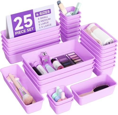 BiuLeon 25 PCS Plastic Drawer Organizers Set, 4-Sizes Vanity and Makeup Organizer, Desk and bathroom Drawer Organizer Trays, Organizers and Storage for Makeup, Jewelry, Gadgets, Utensils (Purple)