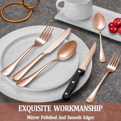 48 Pcs Rose Gold Silverware Set with Steak Knives, Stainless Steel Flatware Cutlery Set for 8, Kitchen Tableware Sets, Utensil Sets for Home and Restaurant, Dishwasher Safe