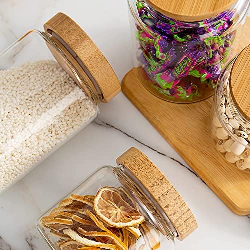 900ML/30Oz Clear Cute Glass Storage Canister Holder with Airtight Bamboo Lid, Modern Decorative Medium Container Jar for Coffee, Spice, Candy, Salt, Cookie, Condiment, Pepper, Sugar